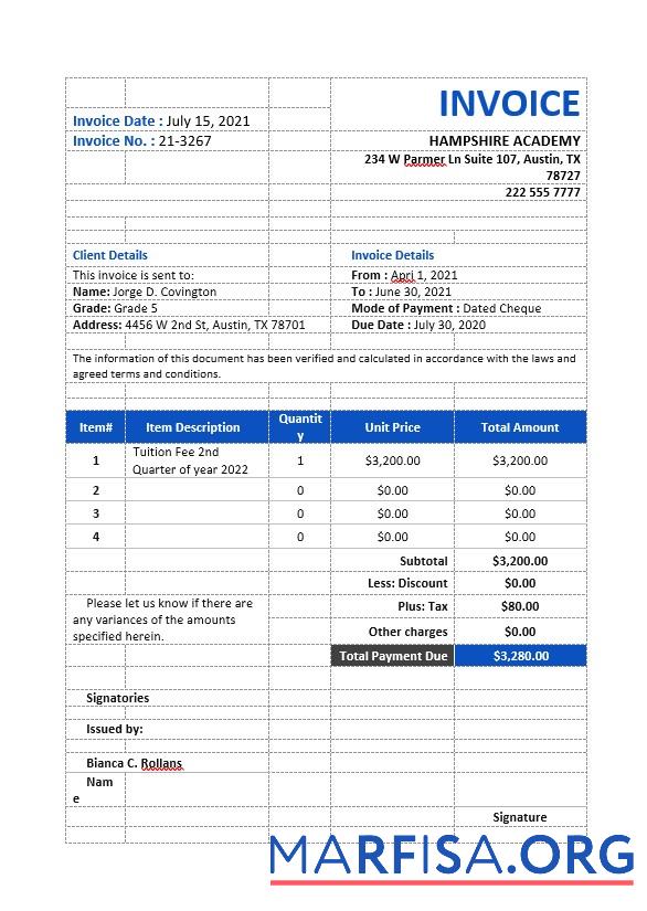 Realistic School Tuition Invoice Template